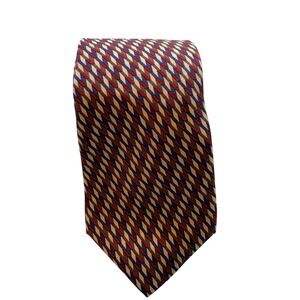 Calvin Klein Mens Silk Tie Geometric Diamond Pattern Red Blue Tan Italy Fabric
